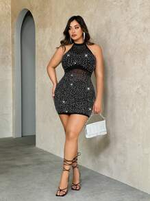 SHEIN BAE Vestito a tubino elegante per donne di taglia forte con tessuto trasparente nero in tulle e decorazioni in strass e paillette, collo alto e maniche lunghe. Perfetto per feste di laurea estive - nero - Visualizzare 10