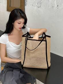 DAZY Large Capacity Women's Fashionable Woven Tote Bag - Beige - View 6