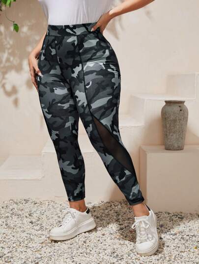 Plus High Waist Camo Mesh Insert Leggings