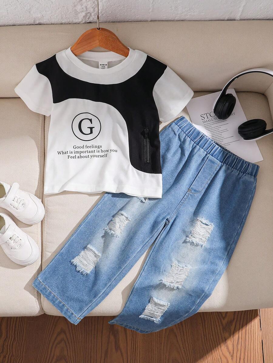 2 Stück Baby Jungen modisches Kurzarm T-Shirt und stilvolle Jeans Hose Set - Schwarz und Weiss - Übersicht 1
