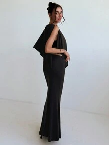 Aloruh 优雅不对称下摆圆领衬衫和修身鱼尾裙套装 - 咖啡棕 - 查看 1