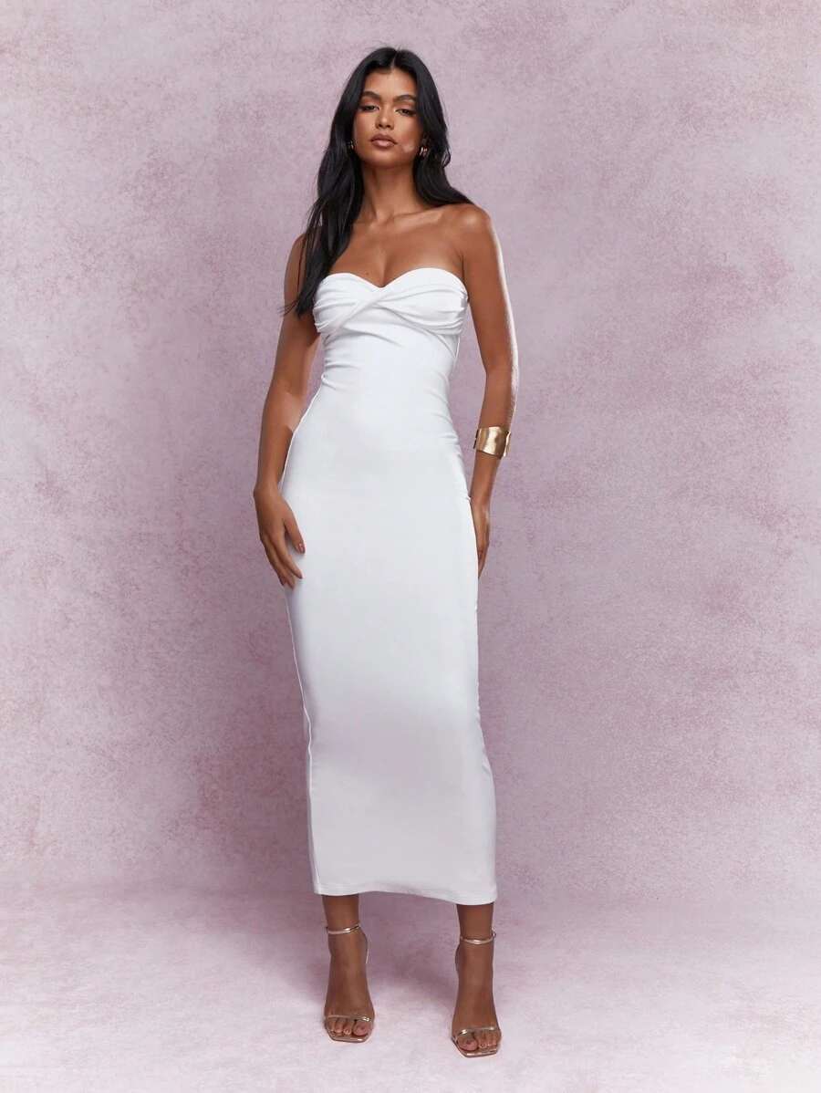 MISSGUIDED Twist Knot Detail Jersey Bandeau Bodycon Maxi Dress - White - View 1
