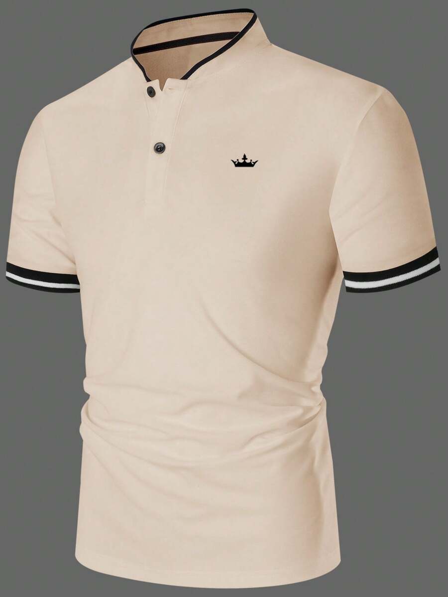 Manfinity Mode Men's Summer Crown Striped Short Sleeve Casual Polo Shirt For Commute - Khaki - View 1
