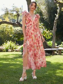 Enchnt Spring/Summer Romantic Women Elegant Split Printed Dress ,Sweet&Elegant For Valentine Day&Holiday &Sweet Date Night&Daily&Vacation&Garden Parties - Pink - View 10