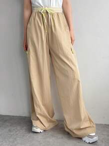 FRIFUL Women Casual Color Blocking Drawstring Waist Wide Leg Pants With Multiple Pockets