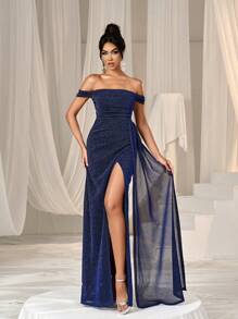Faeriesty Glitter Off Shoulder Draped Side Formal Dress - Navy Blue - View 5