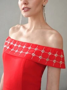 MOTF PREMIUM RHINESTONE FOLDOVER OFF SHOULDER BODYCON DRESS