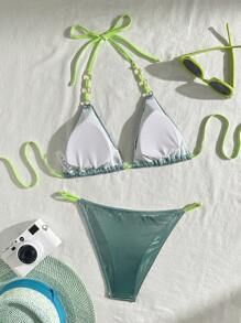 SHEIN Swim Women's Shiny Halter Neck Tie Sexy Bikini Set With Avant-Garde Style Summer - Green - View 2
