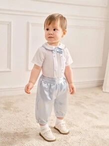 SHEIN 2入組春夏季優雅紳士款緞面及光面襯衫連褲套裝，適合寶貝男孩穿戴於出遊、生日和正式場合 - 淺藍色 - 查看 3