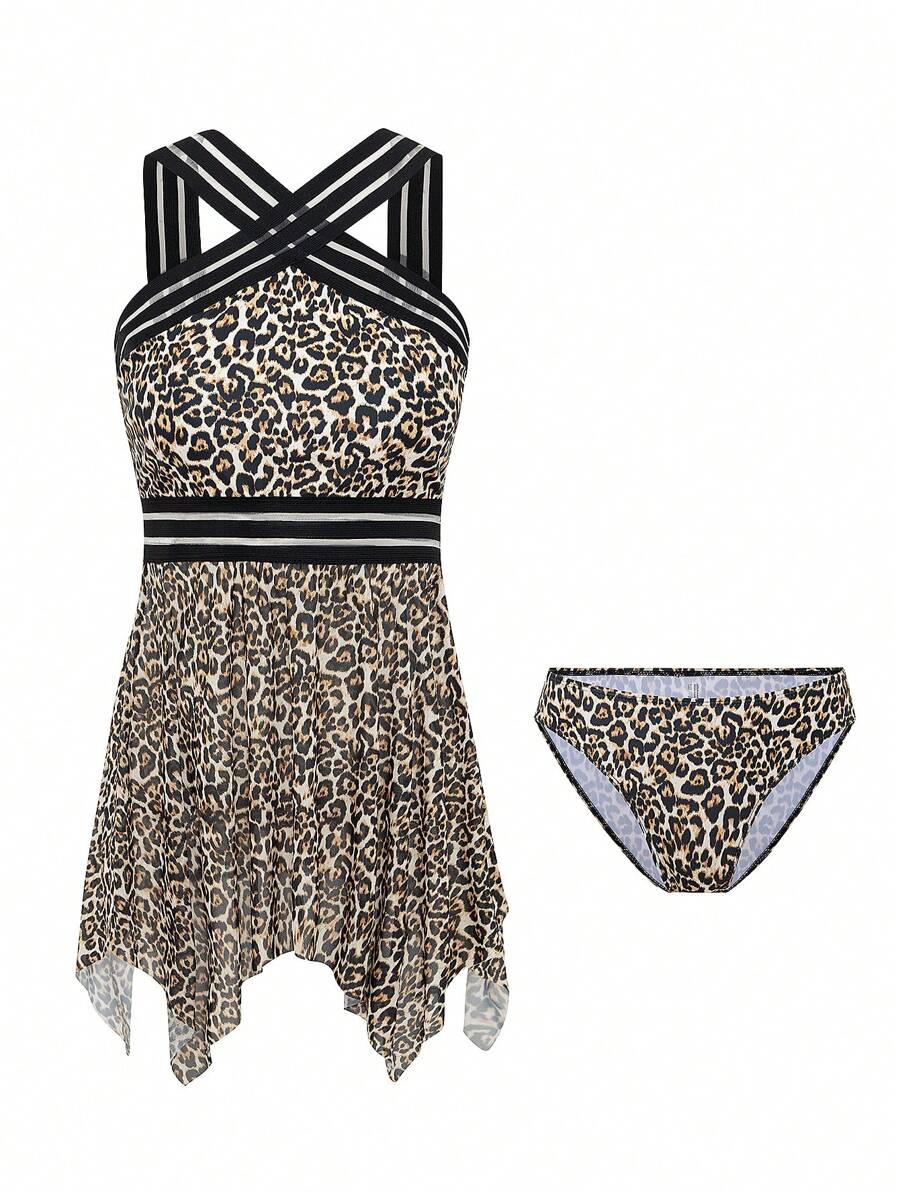 Women's Leopard Print Patchwork Vest Top, Swimsuit And Bikini Set (Random Print), 2pcs Summer - Multicolor - View 1