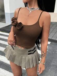 SHEIN ICON 女款夏季修身短版吊帶上衣,搭配 3d 花卉裝飾 - 巧克力棕 - 查看 4