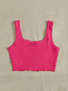 Muchica Notch Neck Lettuce Edge Rib-knit Tank Top - Hot Pink - View 2