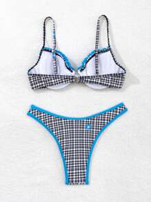 SHEIN Swim Ladies' Summer Beach Plaid Ruffle Edge Sexy Bikini Set (With Underwire) - Multicolor - View 6