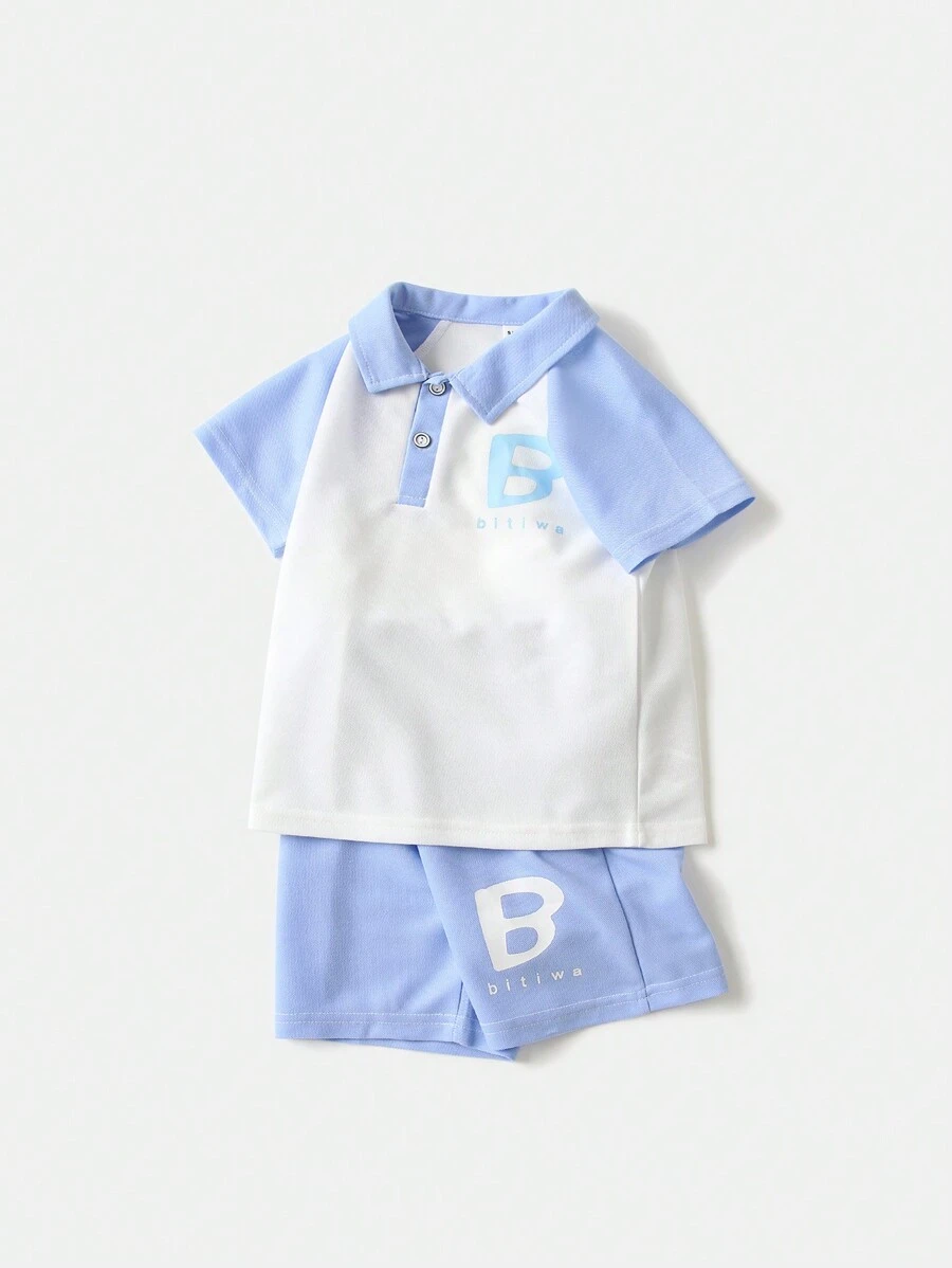 SHEIN Baby Boys' Short Sleeve Knitted Printed Top And Shorts Set - Blue - View 1