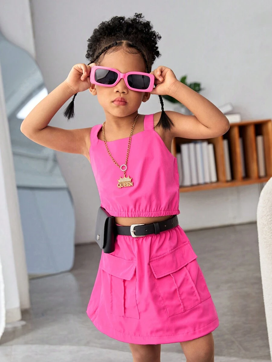 SHEIN Young Girls Solid Color Thick Shoulder Strap Vest And Belted Skirt, Summer Casual 2pcs Outfit