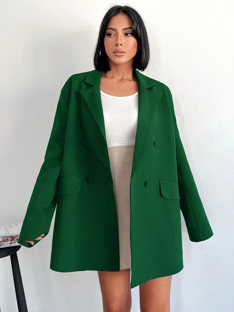 SHEIN Cottnline 女士純色雙排扣長袖西裝外套 - 墨綠色 - 查看 1