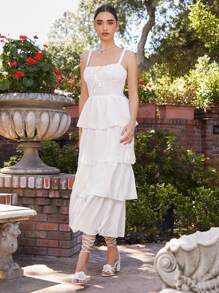 Enchnt Women Holiday Sundress Summer Spring Bow Chest Wrinkles Tie Multi-Layer Ruffled Hem Long Suspender White Prom Dress With Elegant And Romantic - White - View 1