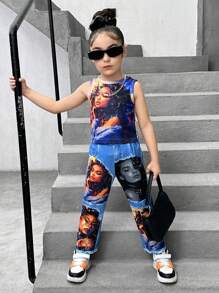 SHEIN Explorewe Young Girl' Spring/Summer Knit Top With Special Effect Prints & Cool 2pcs Set Of Printed Jeans-Like Pants - Blue - View 6