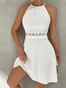 SHEIN Privé Women's White Lace Halter Backless Dress With Lace Straps, Elegant Summer Wedding Party Tea Dress Flowy Dress - White - View 3