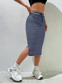 SHEIN EZwear 海軍藍條紋針織女裙 - 藏蓝色 - 查看 5