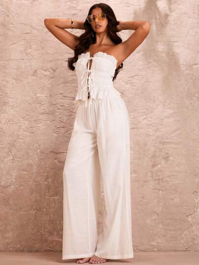 SHEIN BAE Top de bandó blanco sexy y sin mangas de unicolor con correas de múltiples capas, encajes y ribetes de volantes románticos para mujeres durante las vacaciones de verano en la playa