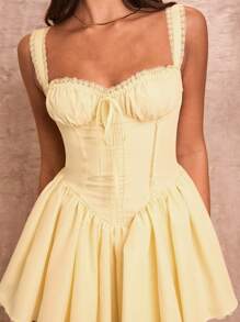 SHEIN BAE Ladies'  Ruched Camisole Style Lace Patchwork Flared Mini Dress,Pastel Dresses For Women Yellow - Yellow - View 9