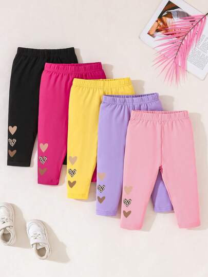 SHEIN Playful Pals 5pcs Baby Girls' Casual Cute Heart Printed Bottoms Comfortable All-Match Leggings For Daily Wear, Spring And Summer