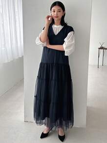 FRIFUL Women's Summer Casual Solid Color Mesh Contrast Sleeveless Dress,Ruffle Maxi Dress - Navy Blue - View 8