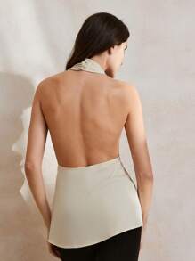 Anewsta Satin Pearl 3D Flower Spaghetti Strap Split Hem Camisole - Beige - View 7