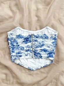 Soleia WYWH Women's Vacation Fishbone Blue & White Floral Printed Bandeau Top