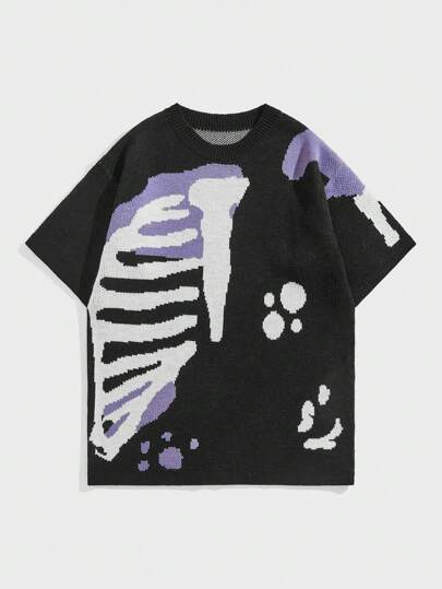 Goth Camiseta de punto de manga corta y cuello redondo con estampado de esqueleto para hombre, Halloween