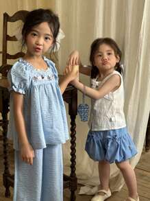 SHEIN 女童夏装灯笼裤两件套无袖上衣和下装儿童装2024新款休闲森系女童衣服薄款时尚 - 藍白色 - 查看 5