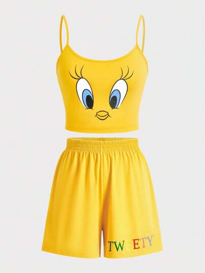 LOONEY TUNES X SHEIN Women's Cute Cartoon Tweety Printed Crop Cami Top And Shorts Yellow Pajama Set, Summer