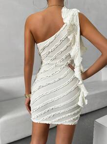 Chiquease 3D Flower Asymmetrical Ruffle Trim Texture Knit Asymmetrical Neck Bodycon Graduation Dress With Sash, Sexy - Apricot - View 2