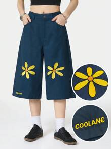 SHEIN EZwear Women's Spring/Summer Casual Floral Embroidery Wide Leg Pants - Navy Blue - View 1