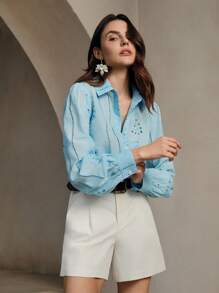 Anewsta Lapel Long Sleeve Hollow Embroidery Casual Shirt - Mint Blue - View 3