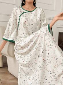 Al Najma 女式优雅长款碎花喇叭袖朴素连衣裙，春夏家居服休闲 Jalabiya 朴素连衣裙 - 彩色 - 查看 3