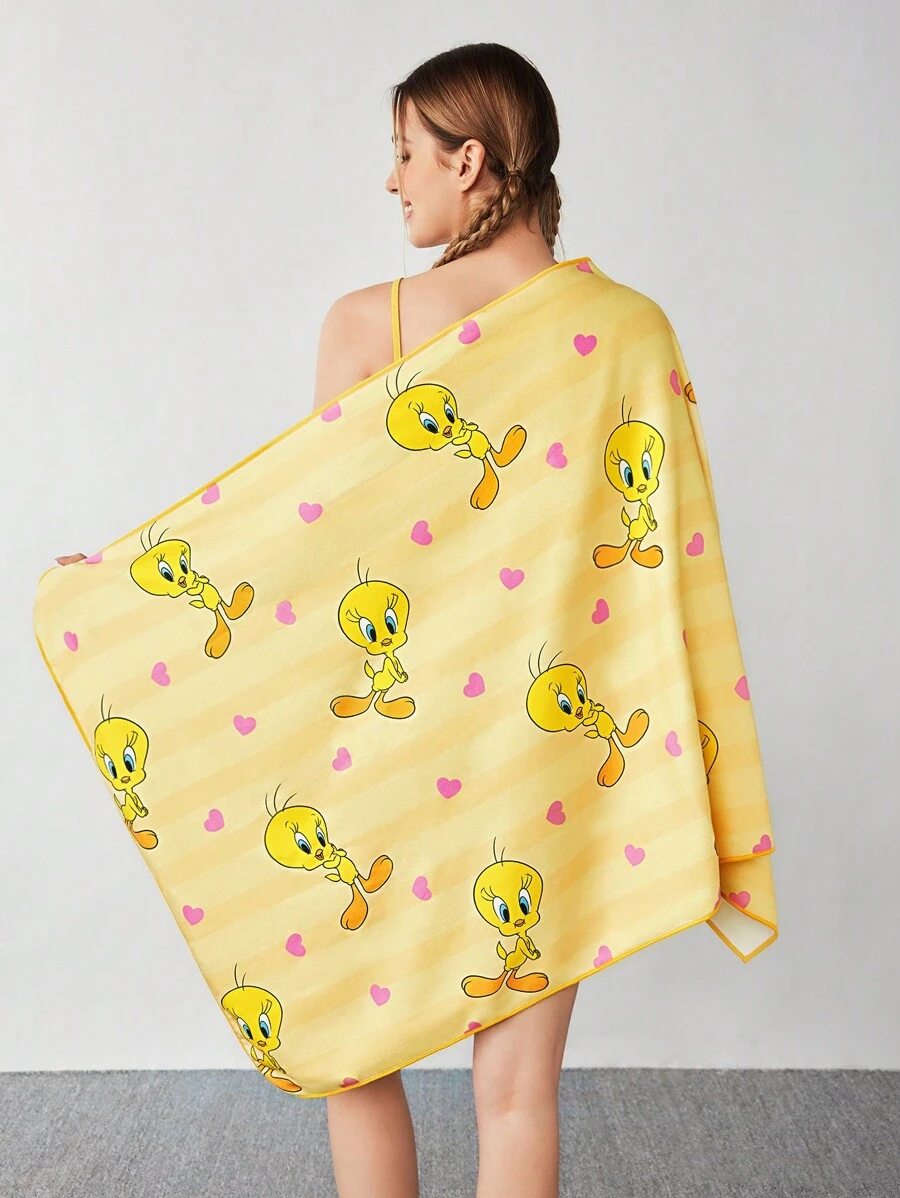 LOONEY TUNES X SHEIN Cartoon And Heart Printed Bath Towel, For Home Bathroom,Summer Outfits, Spring Outfits,Beach, Vacation - Yellow - View 1