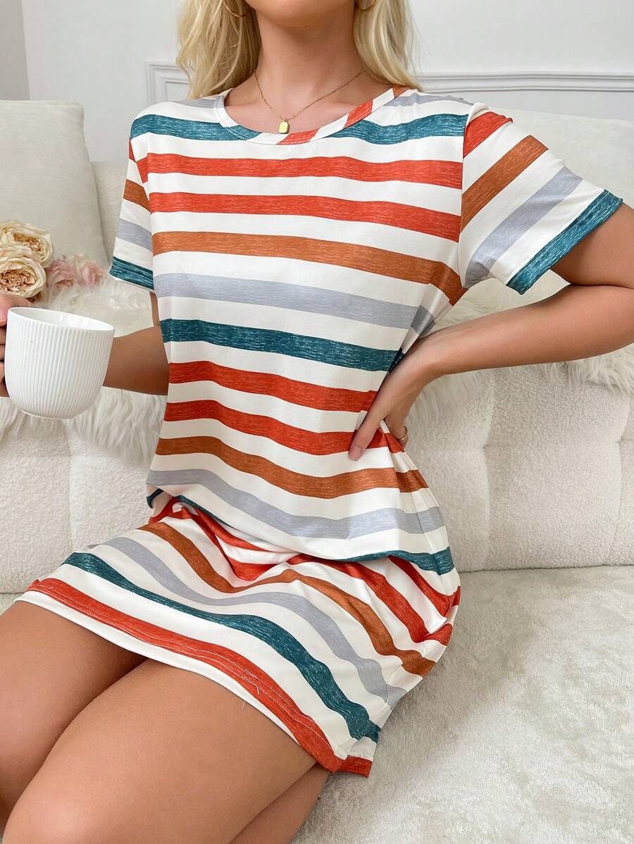 SHEIN Vestido de pijama de manga corta con estampado de rayas coloridas, ropa de dormir de verano - Multicolor - Ver 1