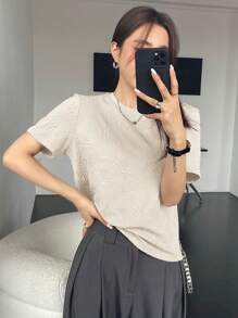 DAZY Áo thun nữ tay ngắn in hoa đơn giản và phong cách, mùa hè - Màu be - Xem 3