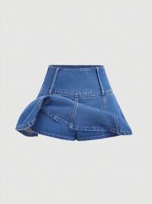 SHEIN MOD Women's Casual Denim Skirt With Pleats, Perfect For Daytime And Travel