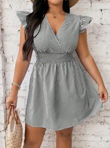 Flirla Plus Size Women's Striped Floral Print Ruffle Trim Dress - Black - View 1