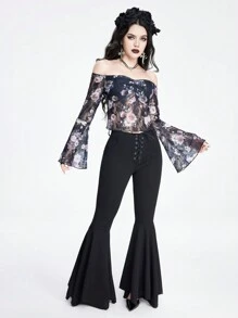 ROMWE Goth Sexy & Romantic Roses Digital Printing Lace Off Shoulder Top For Women - Multicolor - View 3