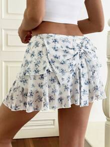 SHEIN EZwear 女款小花圖案蝴蝶結休閒夏季裙子 - 彩色 - 查看 1