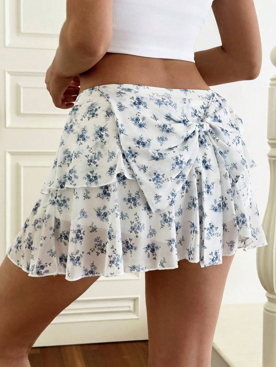 SHEIN EZwear 女款小花圖案蝴蝶結休閒夏季裙子 - 彩色 - 查看 1