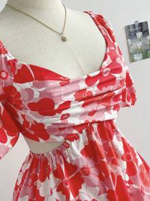 Soleia 女士假日花卉印花泡泡袖開叉後背上衣A字裙