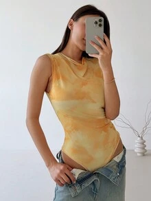 Aloruh Bộ đồ liền thân bằng vải lưới không tay in hoa chuyển màu thanh lịch có thắt lưng, Xuân/Hè - Màu vàng - Xem 3