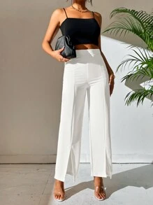 SHEIN PETITE High Waist Split Hem Pants - White - View 5