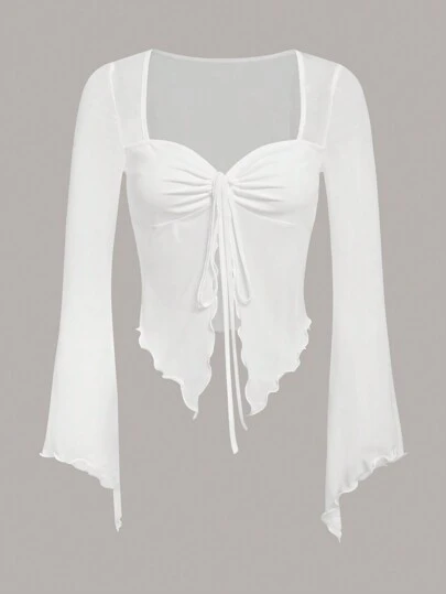 SHEIN ICON Camiseta de manga acampanada con cuello corazón en unicolor para mujer de primavera/verano con lazo delantero y dobladillo dividido