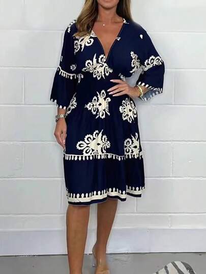 Women Floral Print Flounce Sleeve Dress